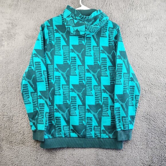 Puma Hoodie Men's Large Blue Allover Graphic Logo Pullover Fleece Sweatshirt - Picture 2 of 10
